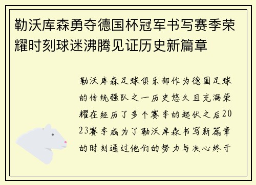 勒沃库森勇夺德国杯冠军书写赛季荣耀时刻球迷沸腾见证历史新篇章